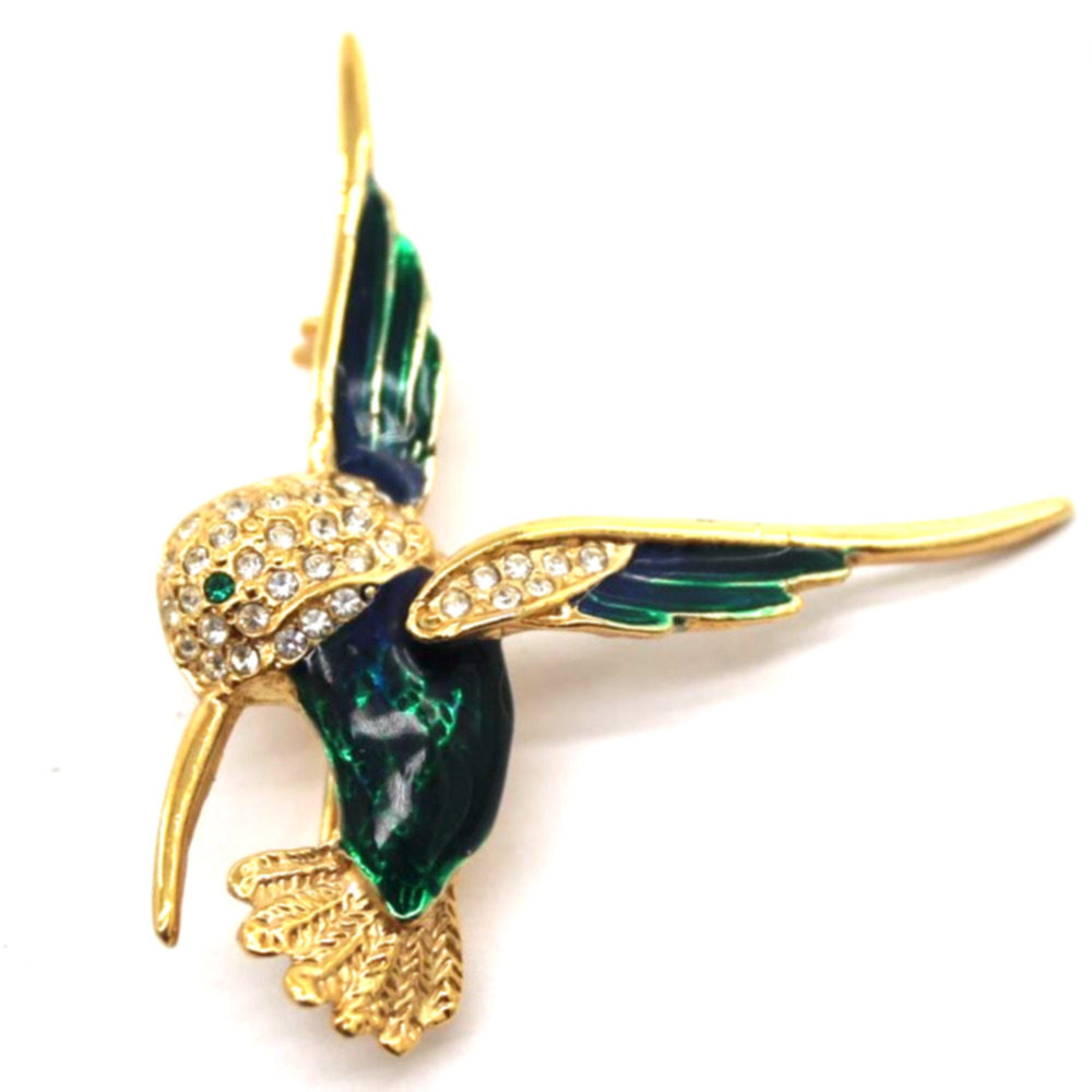 Roman Hummingbird Brooch Pin Rhinestone Green Enamel Gold Tone